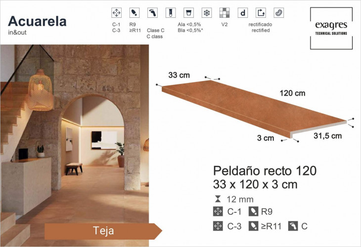 Ступень прямоугольная Exagres recto 120 big Acuarela Teja, 1200х330x30