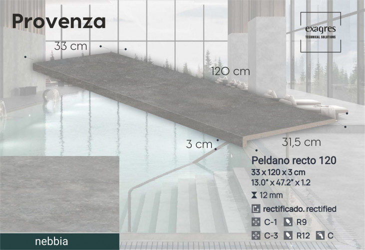 Ступень прямоугольная Exagres recto 120 big Provenza Nebbia, 1200х330x30