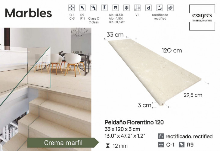 Ступень флорентинер Exagres 120 big Marbles Crema Marfil, 1200х330x30